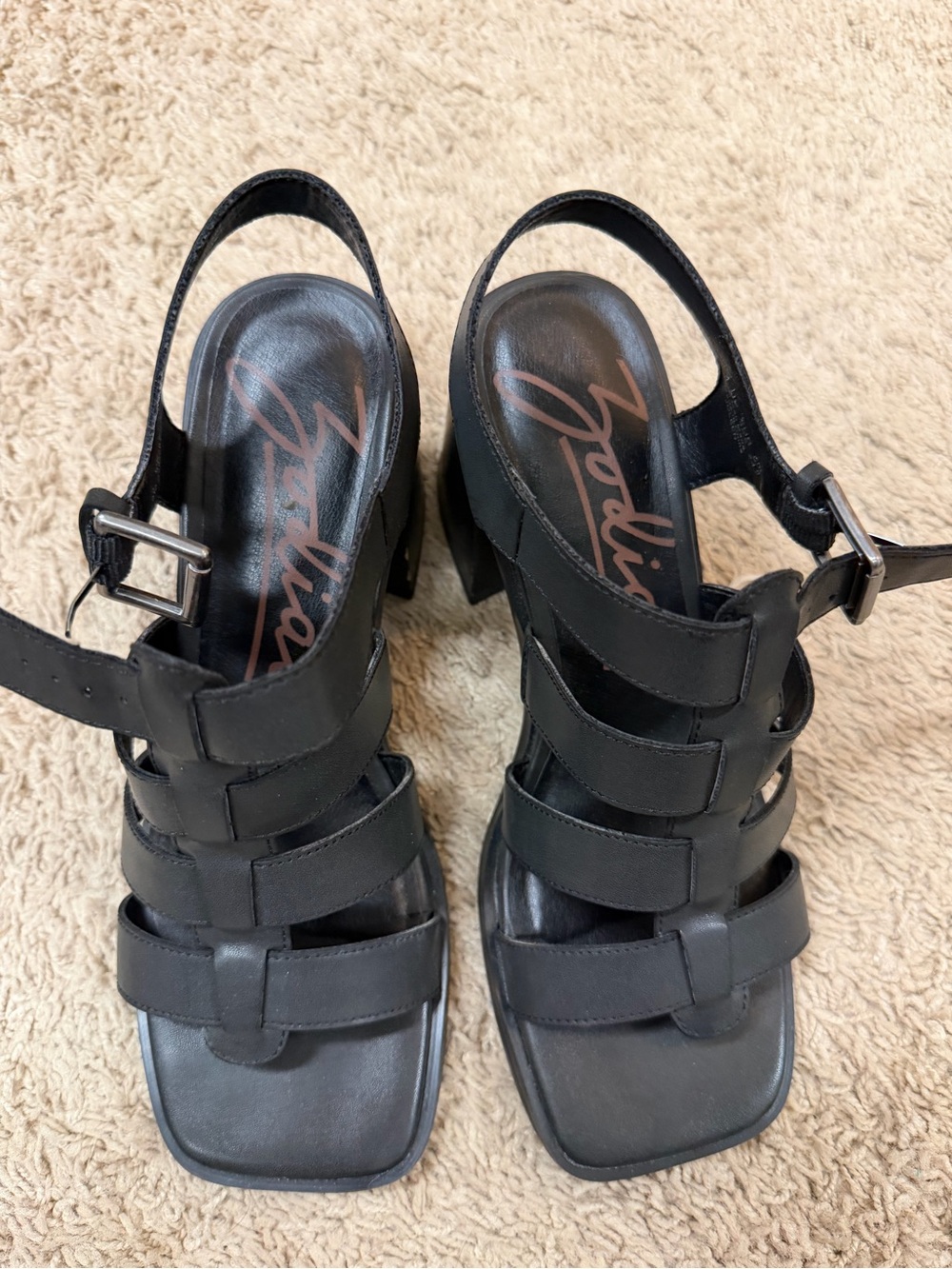 Zodiac Black Leather Multi-Strap Block Heel Sandals